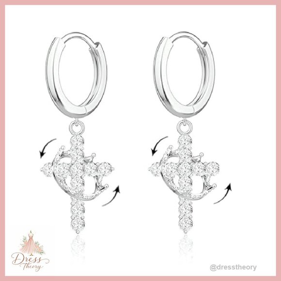 Silver Cross Dangle Earrings with Rhinestones, 360° Rotating Design - Picture 2 of 7
